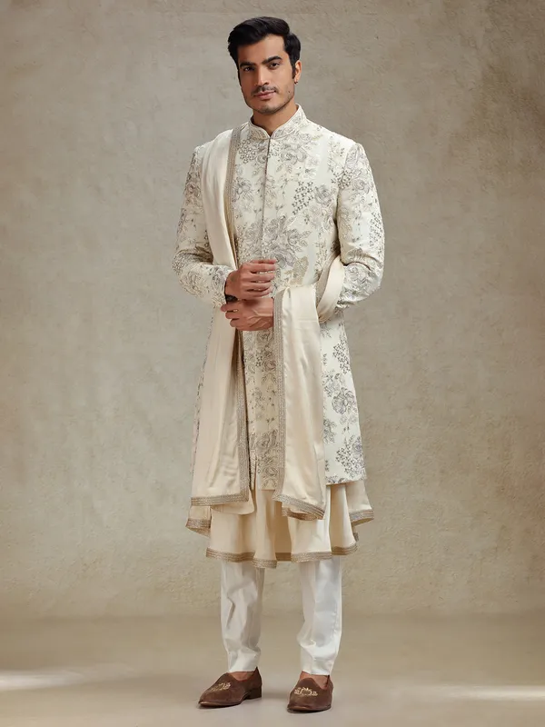 Beige ethnic charm peshwahi style sherwani for men