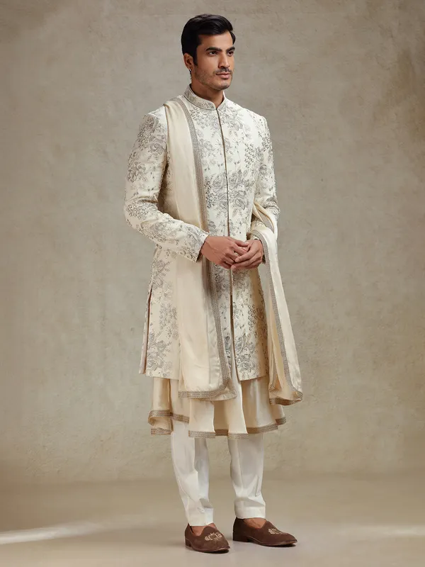 Beige ethnic charm peshwahi style sherwani for men