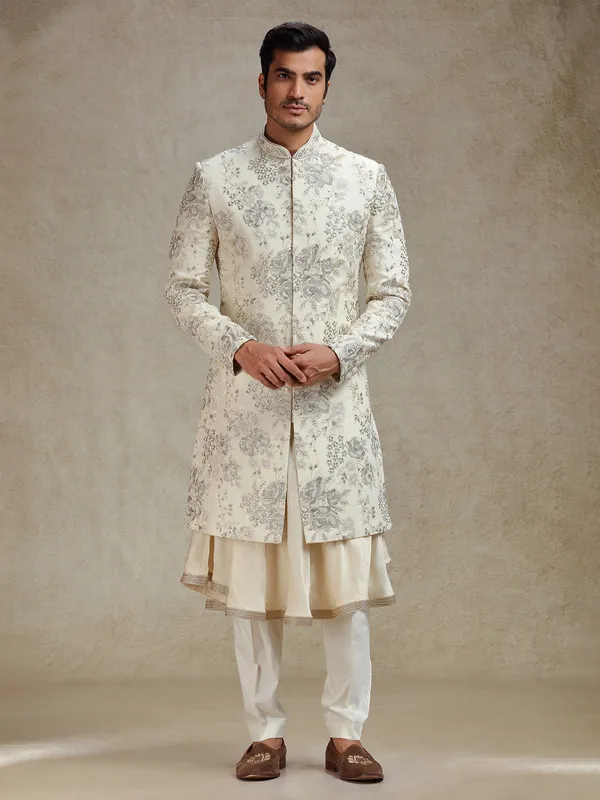 Beige ethnic charm peshwahi style sherwani for men