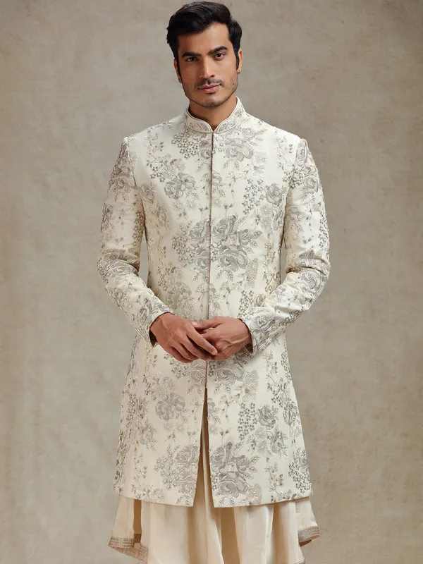 Beige ethnic charm peshwahi style sherwani for men