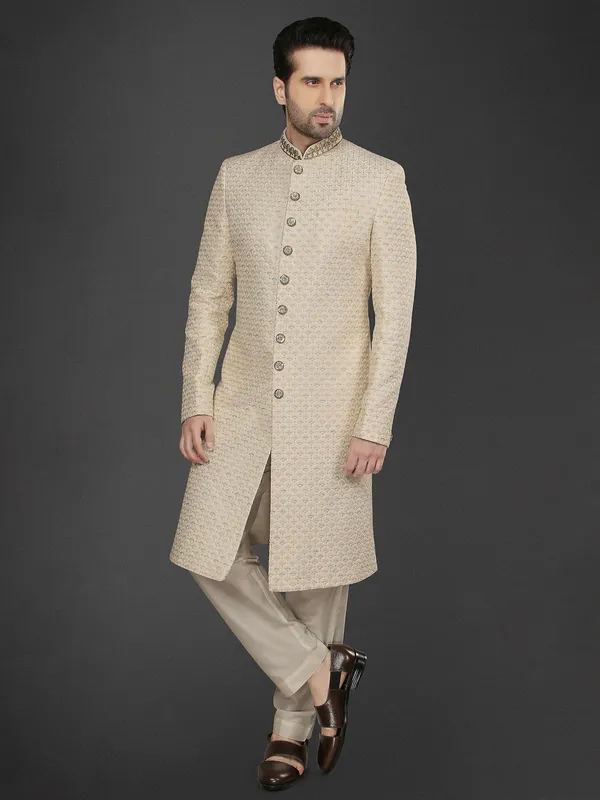 Beige fabulous silk wedding wear sherwani