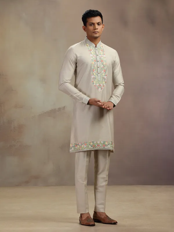 Beige festive wear banarasi silk kurta pajam