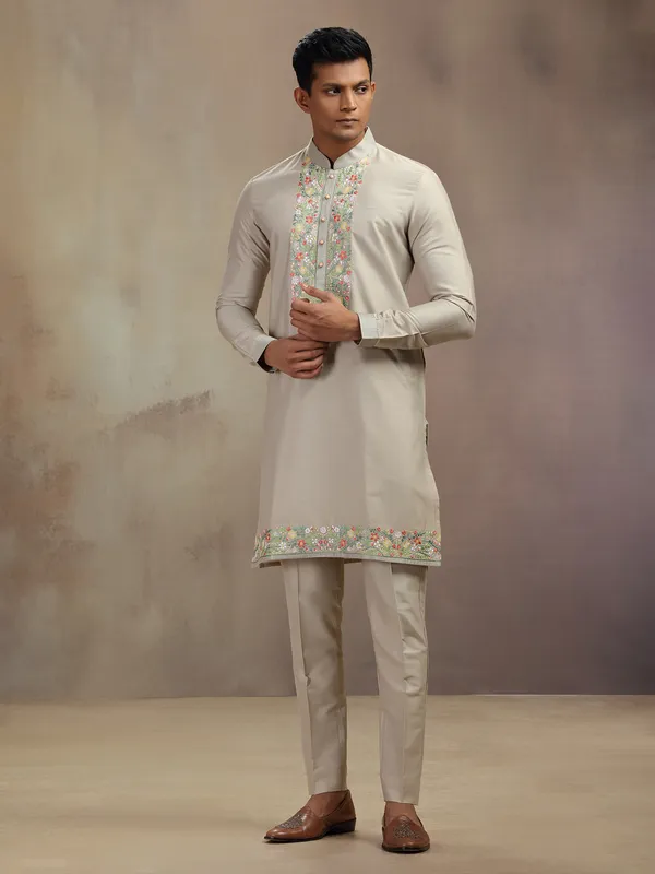 Beige festive wear banarasi silk kurta pajam