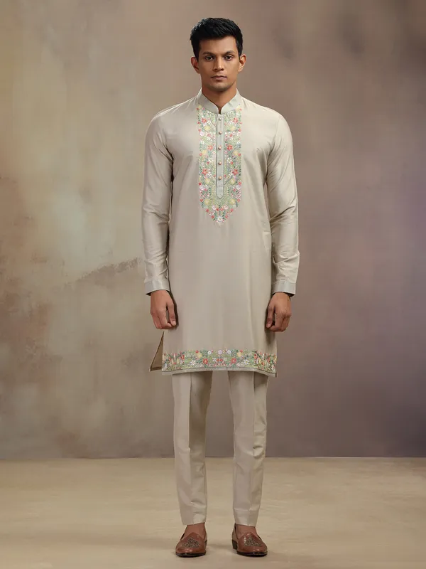 Beige festive wear banarasi silk kurta pajam