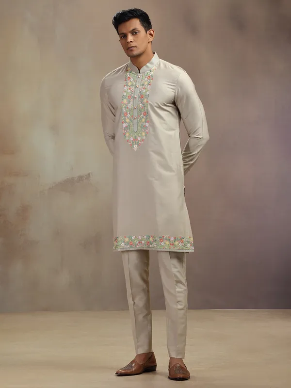 Beige festive wear banarasi silk kurta pajam