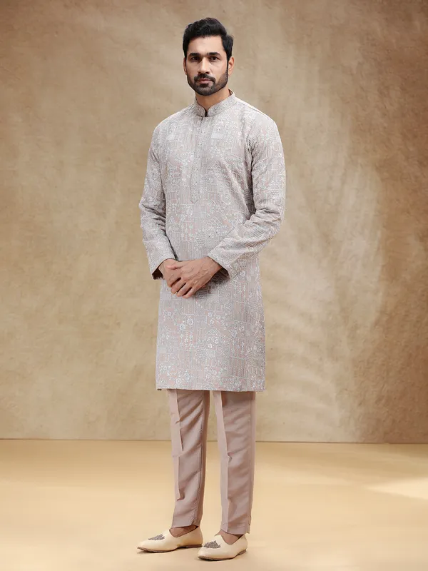 Beige festive wear silk kurta suit