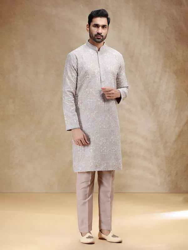 Beige festive wear silk kurta suit