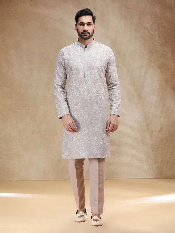 Beige festive wear silk kurta suit