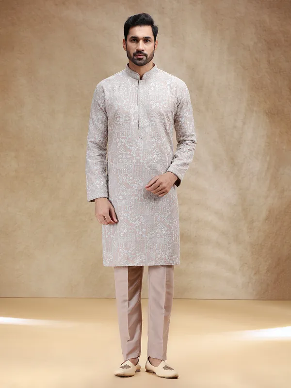 Beige festive wear silk kurta suit