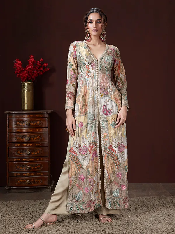 Beige festive wear silk palazzo suit with print