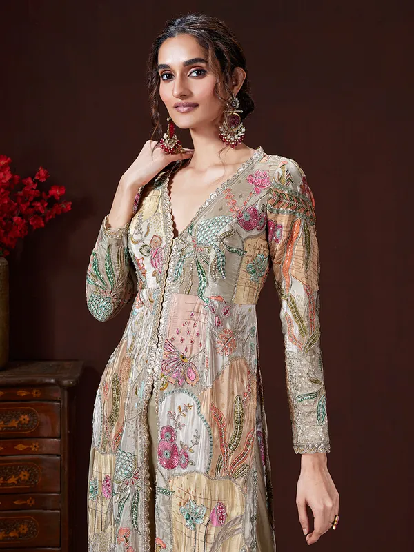 Beige festive wear silk palazzo suit with print