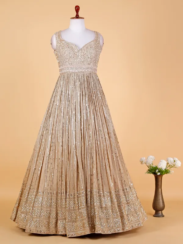 Beige floor length anarkali suit in georgette