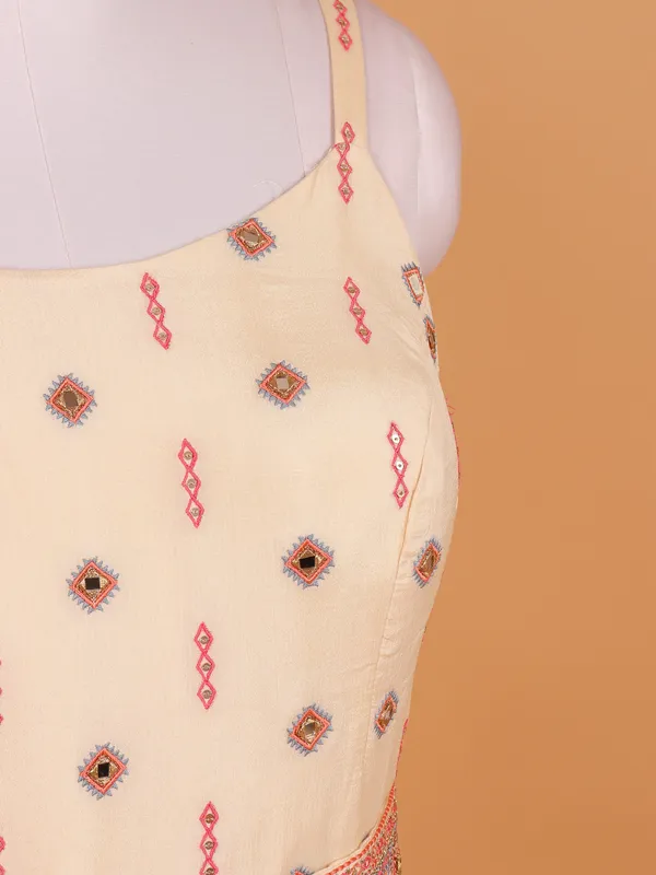 Beige floor length anarkali suit in tissue silk