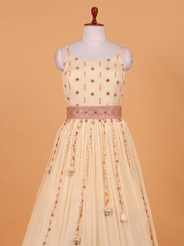 Beige floor length anarkali suit in tissue silk
