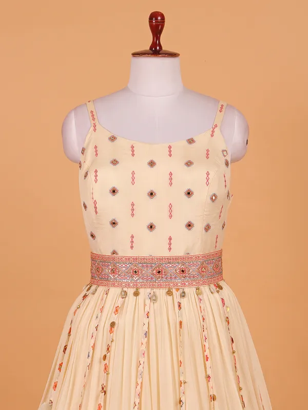 Beige floor length anarkali suit in tissue silk