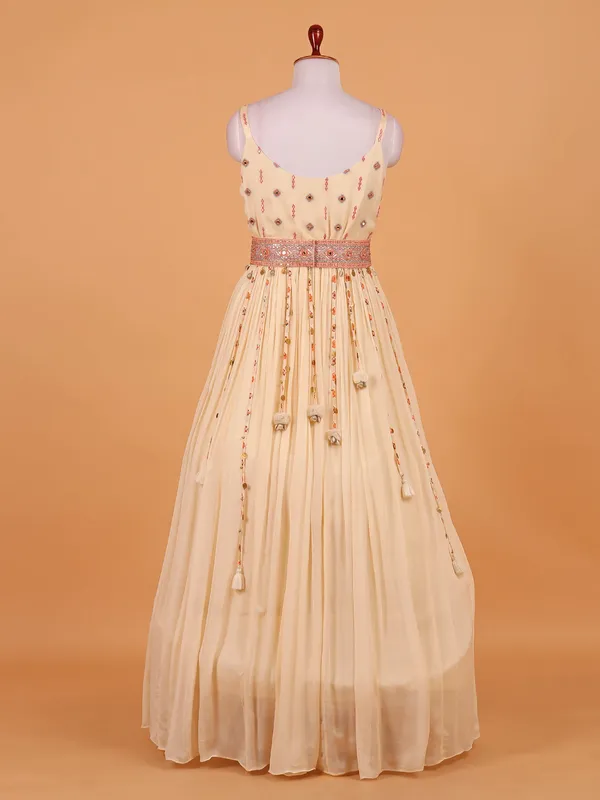 Beige floor length anarkali suit in tissue silk