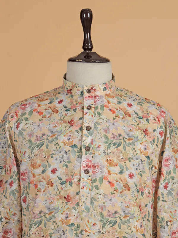 Beige floral printed cotton silk kurta suit