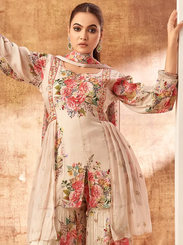 Beige floral printed georgette sharara suit
