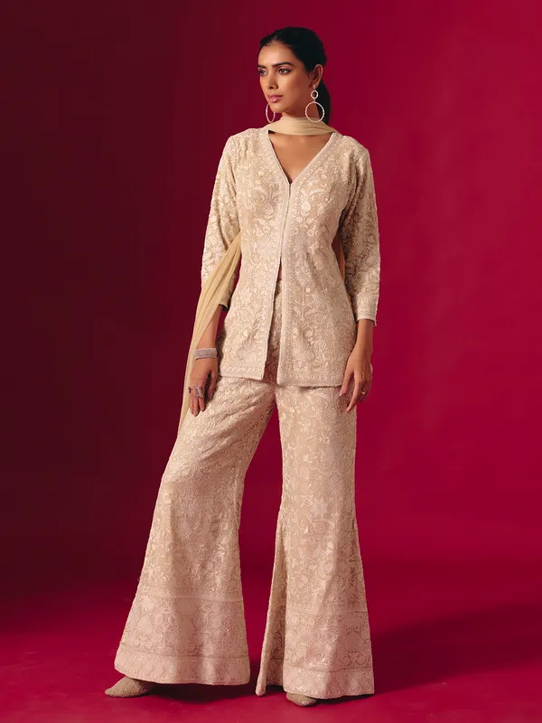 Beige georgette embroidered pakistani palazzo suit with dupatta