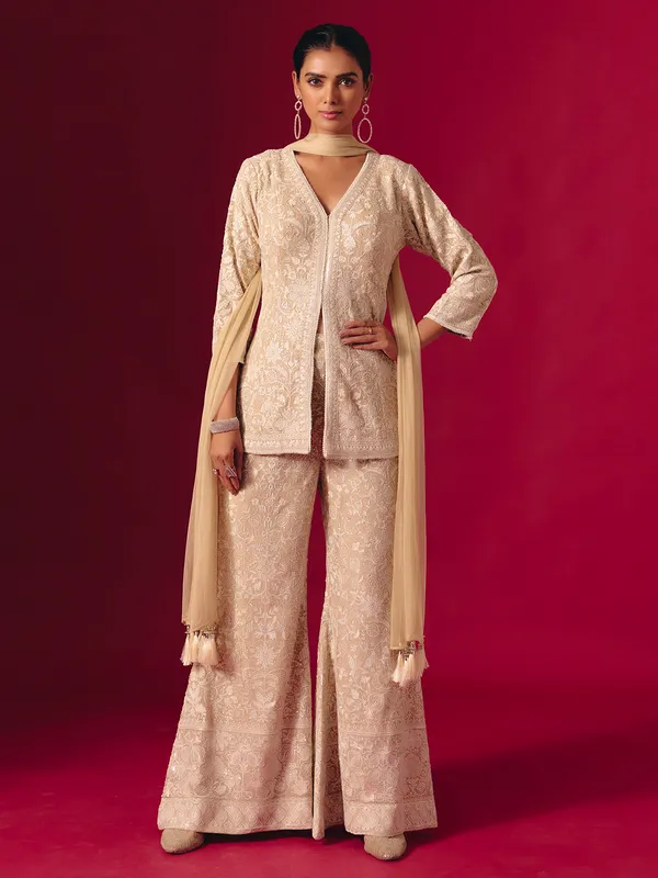 Beige georgette embroidered pakistani palazzo suit with dupatta
