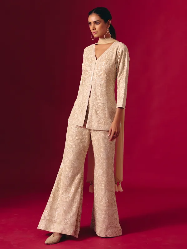 Beige georgette embroidered pakistani palazzo suit with dupatta