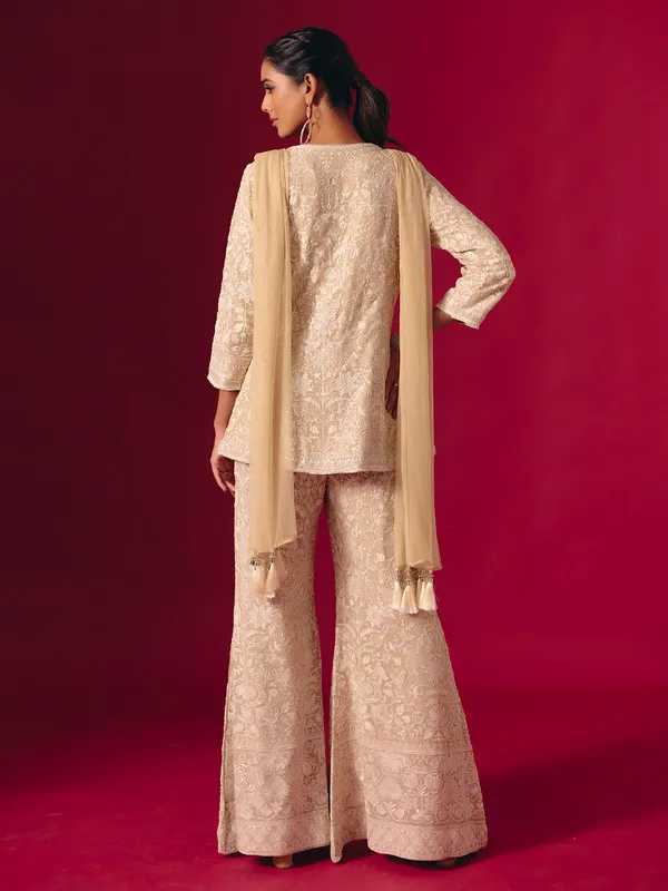 Beige georgette embroidered pakistani palazzo suit with dupatta