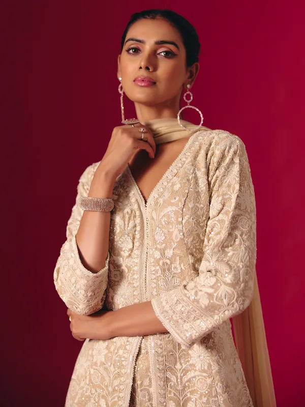 Beige georgette embroidered pakistani palazzo suit with dupatta