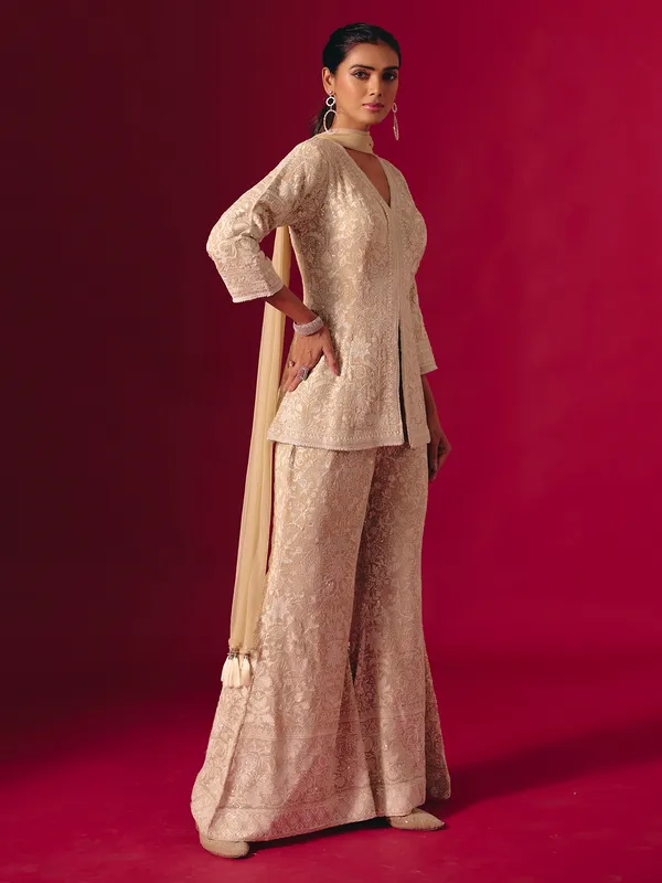 Beige georgette embroidered pakistani palazzo suit with dupatta