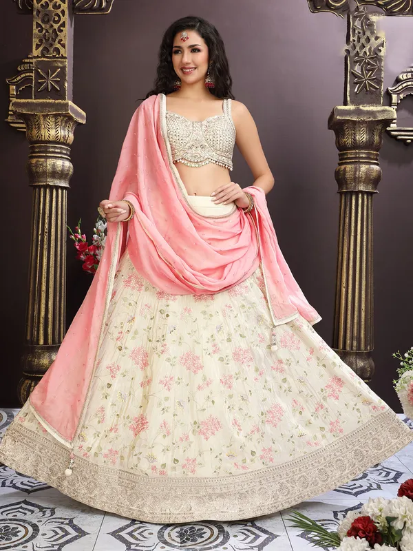 Beige georgette lehenga choli with aabla detailing