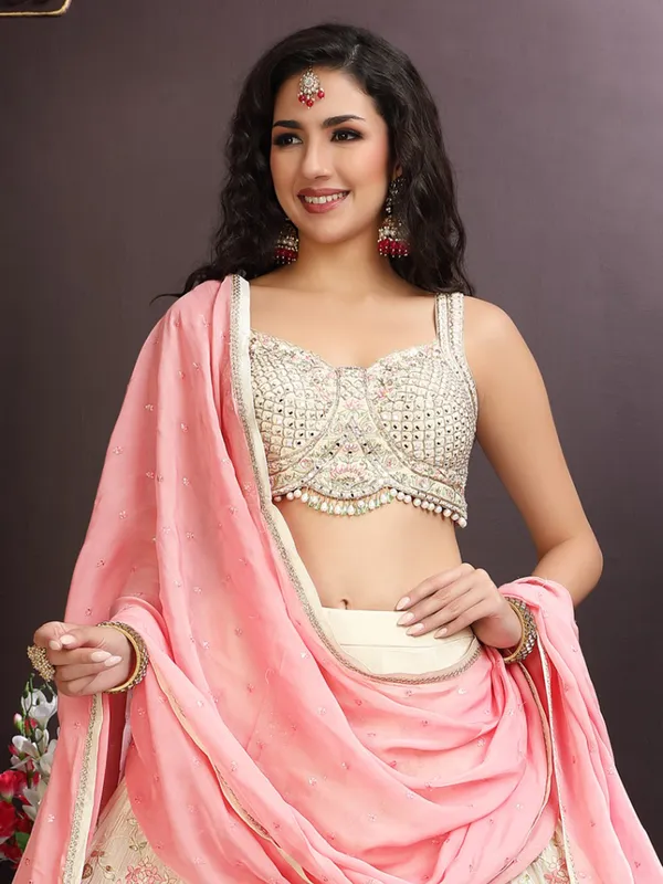 Beige georgette lehenga choli with aabla detailing