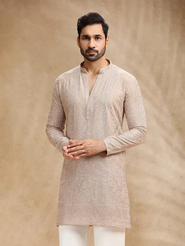 Beige georgette men kurta pajama with rich embroidery