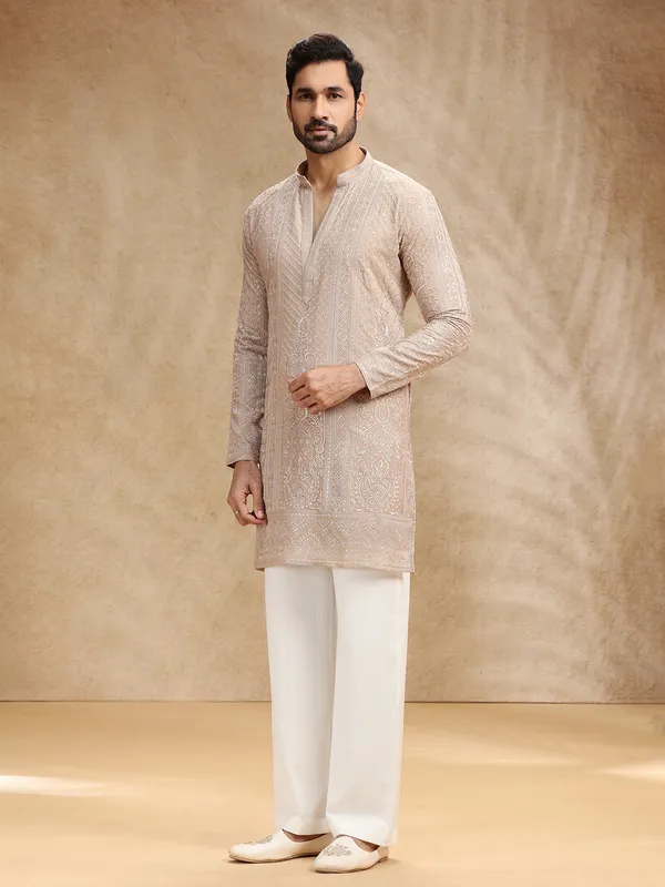 Beige georgette men kurta pajama with rich embroidery