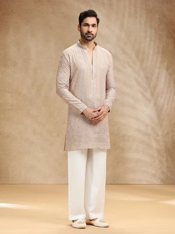 Beige georgette men kurta pajama with rich embroidery