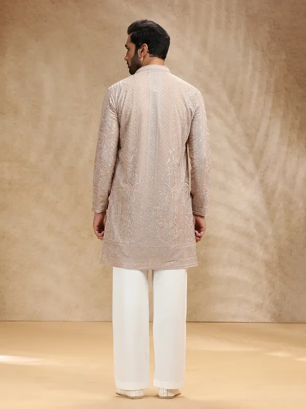 Beige georgette men kurta pajama with rich embroidery