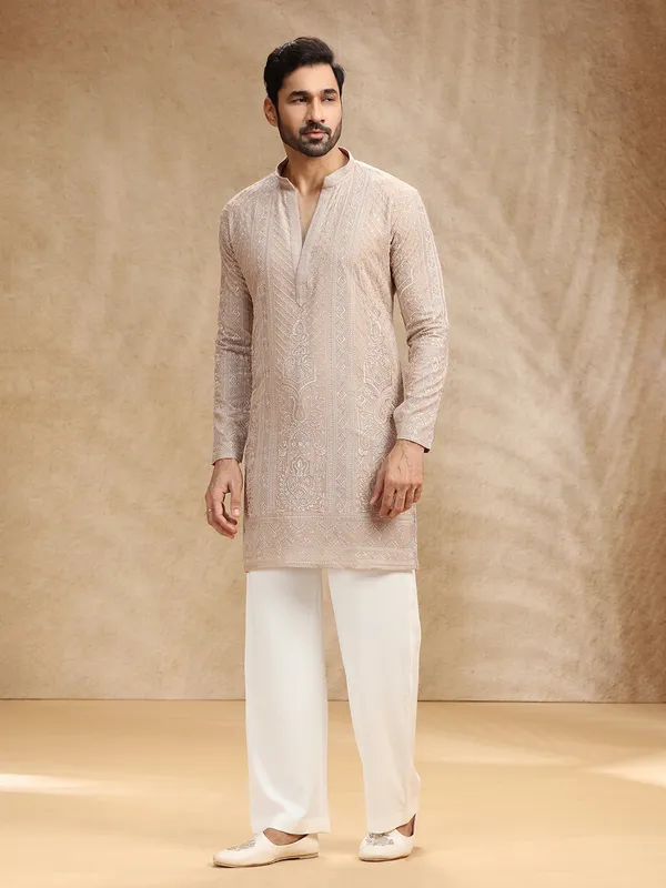 Beige georgette men kurta pajama with rich embroidery