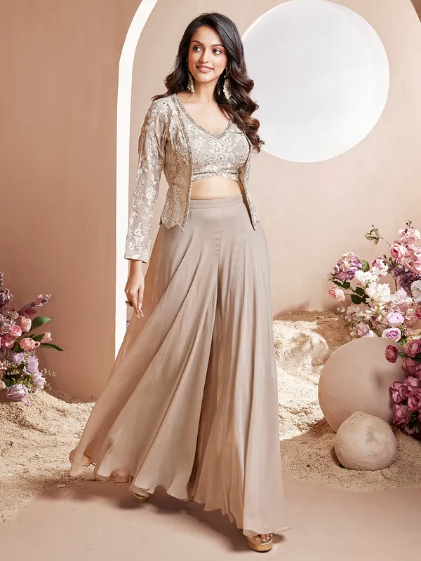 Beige georgette palazzo suit with jacket