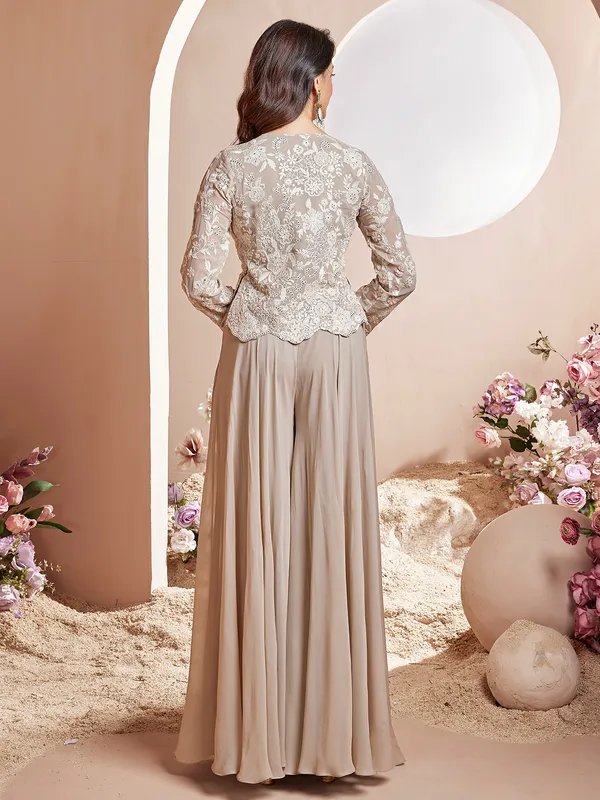 Beige georgette palazzo suit with jacket