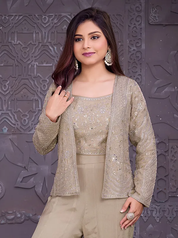 Beige georgette palazzo suit with mirror accents