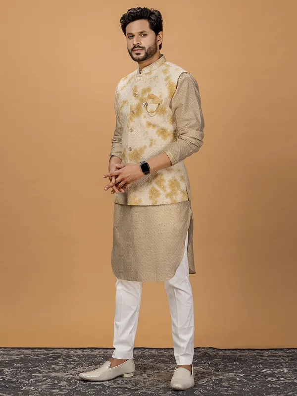 Beige georgette printed waistcoat set