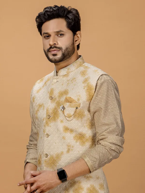 Beige georgette printed waistcoat set