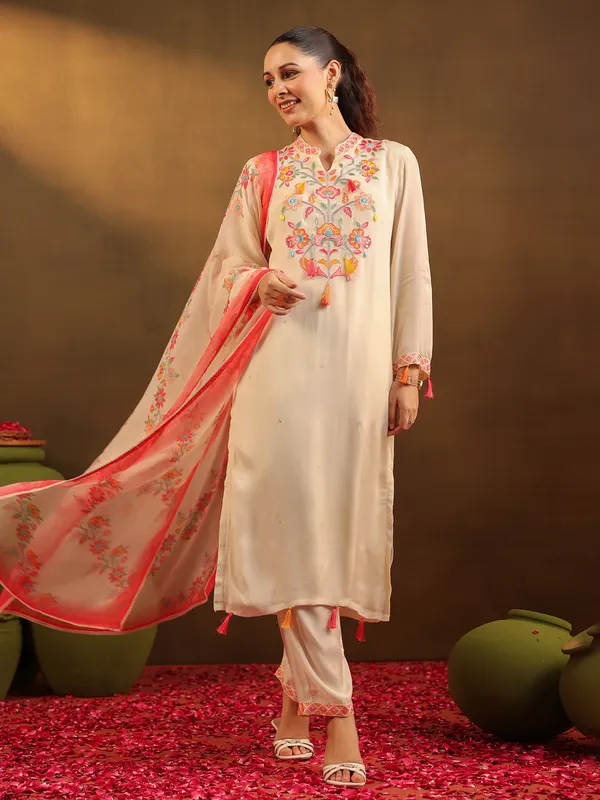 Beige georgette straight cut kurti set