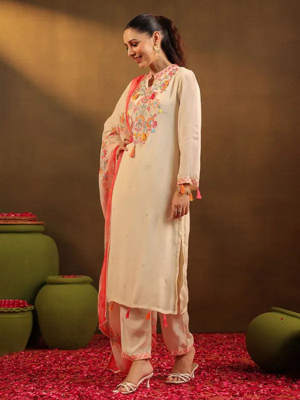 Beige georgette straight cut kurti set