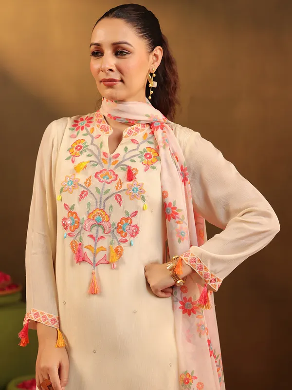 Beige georgette straight cut kurti set