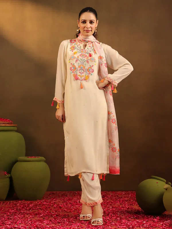 Beige georgette straight cut kurti set