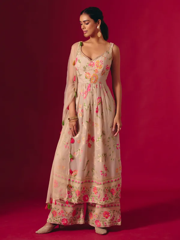 Beige georgette zari work pakistani palazzo ensemble