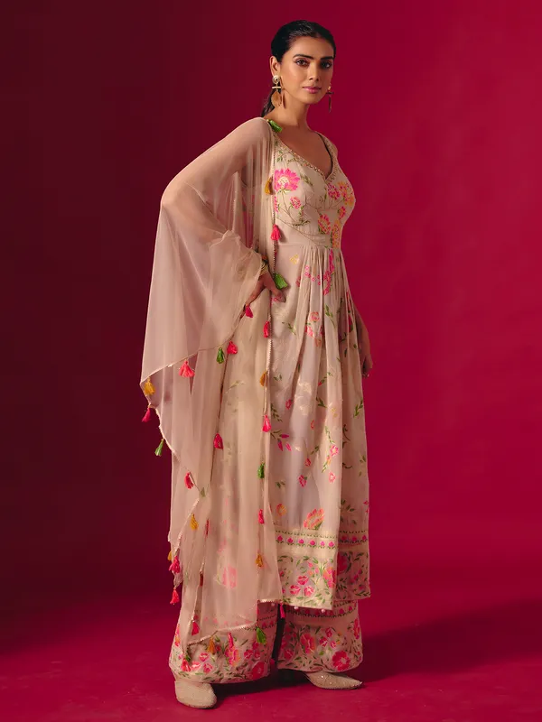 Beige georgette zari work pakistani palazzo ensemble