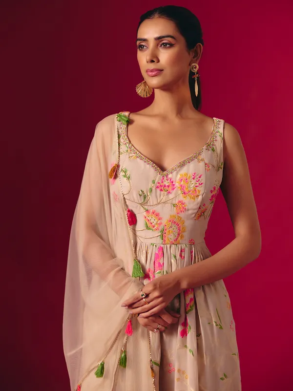 Beige georgette zari work pakistani palazzo ensemble