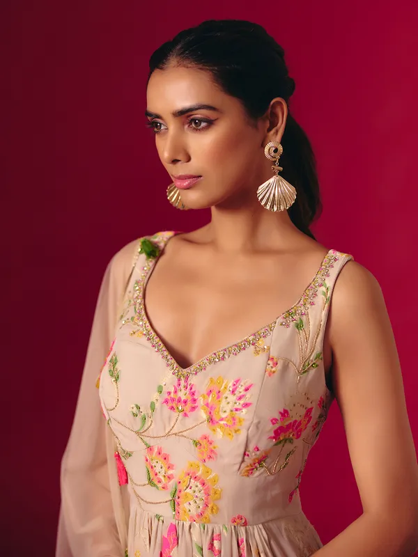 Beige georgette zari work pakistani palazzo ensemble