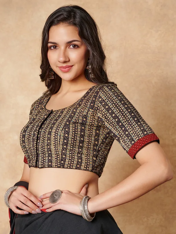 Beige hand block printed ajrakh cotton ready made blouse