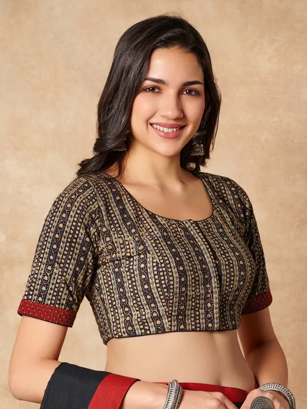 Beige hand block printed ajrakh cotton ready made blouse